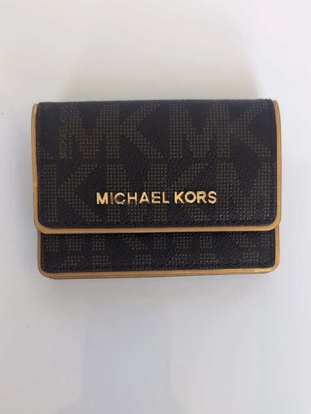 Michael Kors Dark Brown MK Logo Compact Wallet with Gold Trim